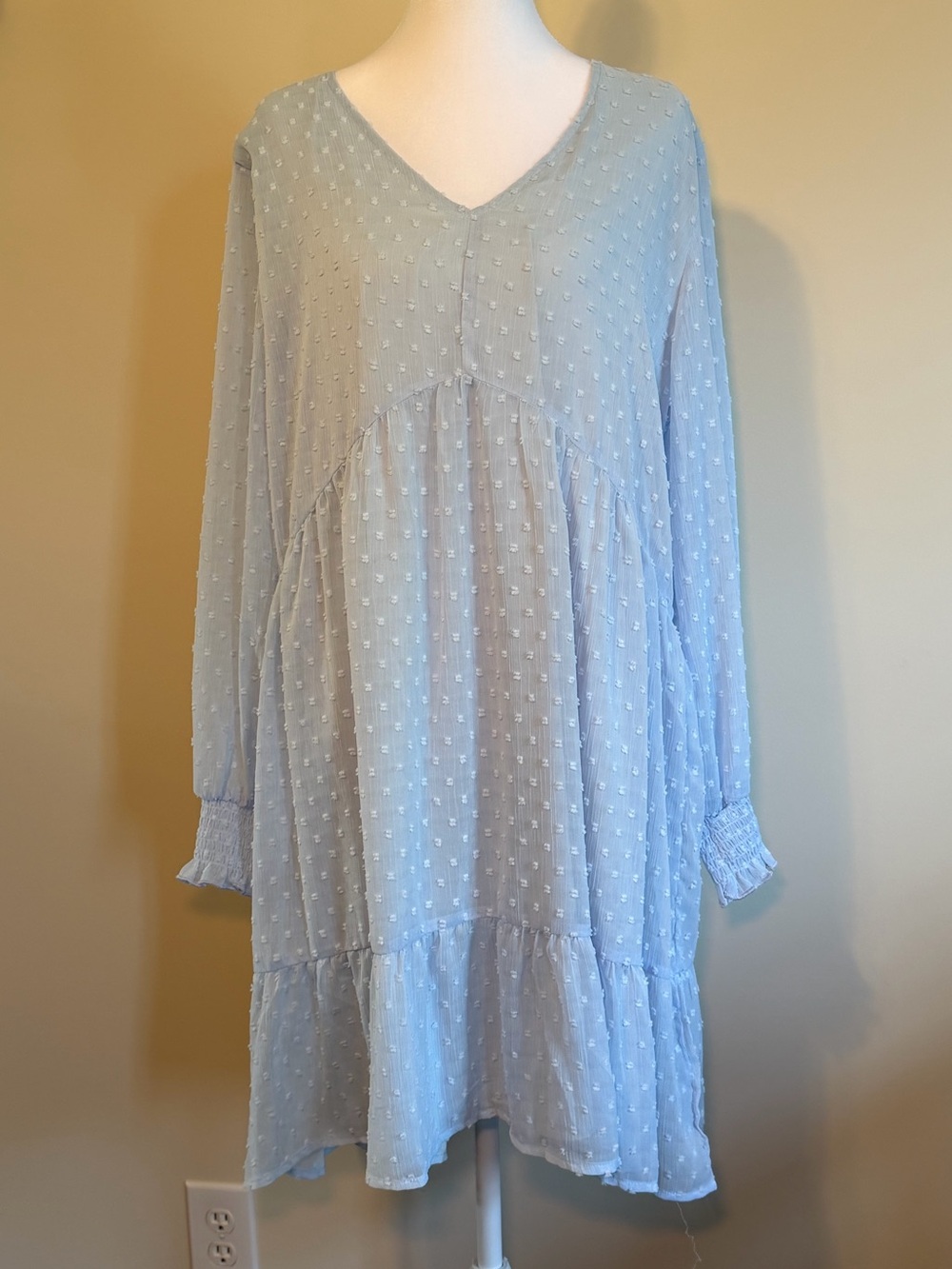 Light Blue Long Sleeve Swiss Dot Dress - V-Neck